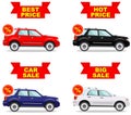 Car showroom. Big sale. Hot price. Set of discount icons for cars. Colored business class automobile isolated on white Royalty Free Stock Photo