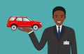 Car showroom. Big sale. Manager sells new automobile. Detailed illustration of african american businessman and red auto on white