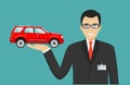 Car showroom. Big sale. Manager sells new business class automobile. Detailed illustration of businessman and red auto Royalty Free Stock Photo