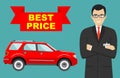 Car showroom. Big sale. Smiling manager sells new business class automobile. Detailed illustration of businessman and Royalty Free Stock Photo