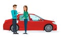 Car Showroom. Manager sells and woman buying a new car. Vector i
