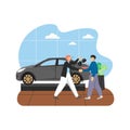 Car showroom with new car and two male characters auto dealer and buyer, flat vector illustration. Royalty Free Stock Photo