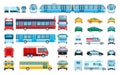 Car side front back view. Urban vehicles Passenger car, taxi, police car, train. Flat city public transport from