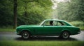 Car side view of green driving on a road