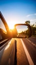 Car Side View Mirror Reflecting Road Ahead at Sunset Royalty Free Stock Photo