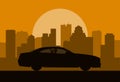 Car silhouette on the sunset city background Royalty Free Stock Photo