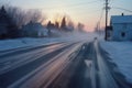 car skidding marks on an icy road with snowbanks