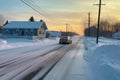 car skidding marks on an icy road with snowbanks