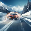 Car skidding on a snow-covered road