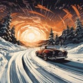 Car skidding on a snow-covered road