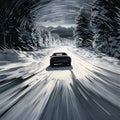 Car skidding on a snow-covered road