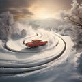 Car skidding on a snow-covered road