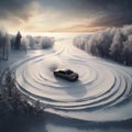 Car skidding on a snow-covered road