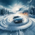 Car skidding on a snow-covered road