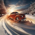 Car skidding on a snow-covered road