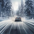 Car skidding on a snow-covered road