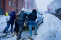 Car slipping in heavy snow in Birmingham, United Kingdom