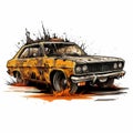 Nightmarish 2d Apocalyptic Ford Car Illustration