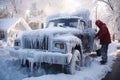 The car is in the snow and the man is standing next to it. Car under the snow and ice. Clean car in winter. AI generated