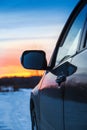 car on a snowy road moves Royalty Free Stock Photo