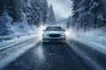 Car on a snowy road, winter forest landscape, winter travel in a blizzard Royalty Free Stock Photo