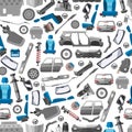 Car spares and auto parts seamless vector pattern. Auto diagnostics test service, protection insurance shop. Repair help