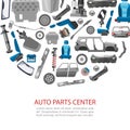 Car spares and auto parts service vector illustration. Auto diagnostics test service, protection insurance shop. Repair