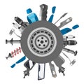 Car spares and auto parts top view vector illustration. Auto diagnostics test service, protection insurance shop. Repair