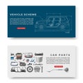 Car spares and auto parts with vehicle scheme vector illustration banners set. Auto diagnostics test service, protection