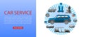 Car spares and auto parts web banner vector illustration. Auto diagnostics test service, protection insurance shop