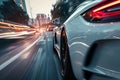 A car is speeding down a road with a blurred background. Generative AI Royalty Free Stock Photo