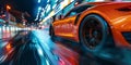 A car is speeding down a wet road with a blurred background. Generative AI Royalty Free Stock Photo