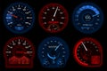 Car speedometers. Racing speedometer, speed scales in auto. Car dashboard, fast accelerate interface. Abstract motorbike