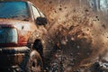 A car sprays mud, ride on the off-road car. A car covered in mud Royalty Free Stock Photo