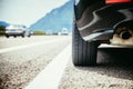 Car is standing on the breakdown lane, asphalt and tyre, Italy Royalty Free Stock Photo