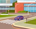 Car stands in front of pedestrian crossing. Landscape of urban city with traffic, roadway Royalty Free Stock Photo