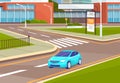 Car stands in front of pedestrian crossing. Landscape of urban city with traffic, roadway Royalty Free Stock Photo