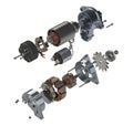 Car starter and alternator in exploded view 3D illustration isolated on white background