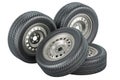 Car steel wheels with tires. 3D rendering