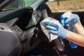 Car steering virus sanitization with blue spray jet and sanitizing wipe