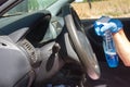 Car steering virus sanitization with blue spray jet and sanitizing wipe