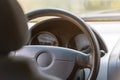 Car steering wheel. Interior view of the car