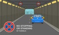 Car stopped in a city tunnel. Driving a car. No stopping or standing in tunnels road, traffic rule.