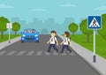 Car stopped at  crosswalk. Traffic sign indicates pedestrian crossing. Happy school children crossing the road on crosswalk. Royalty Free Stock Photo