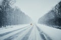 Car in storm on winter road with traffic. Danger driving in winter. First person view