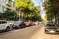 Car, street, blurred image. Morning, traffic jam