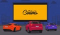 Car street cinema. Drive-in theater with automobiles stand in open air parking at night