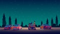 Car street cinema. Drive-in theater with automobiles stand in open air parking at night. Cinema night vector banner in