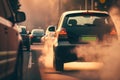 A car stuck in traffic with visible exhaust fumes, created with Generative AI technology Royalty Free Stock Photo