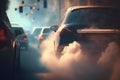 A car stuck in traffic with visible exhaust fumes, created with Generative AI technology Royalty Free Stock Photo